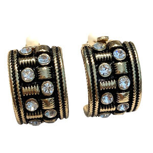 Vintage 1990’s Clip On Earrings Chunky Gold Faux Hoops Black White Rhinestones